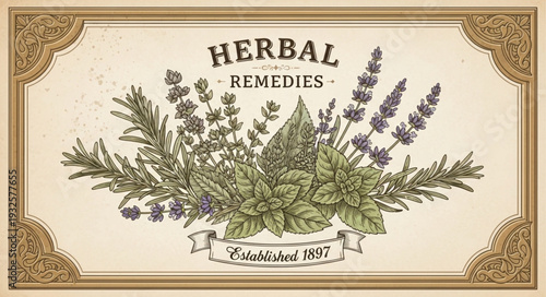 Vintage Herbal Remedies Illustration Depicting Various Medicinal Herbs and Plants.