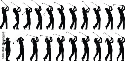Golf player silhouette set showing swing sequence, female golfer hitting ball with club vector illustration isolated on white background for sports design