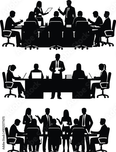 Business meeting silhouettes vector illustration, office teamwork icons, corporate discussion design, professional collaboration concept, workplace communication lifestyle - flat vector illustration