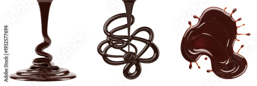 Photos Rich dark chocolate sauce pouring and splashing isolated on white