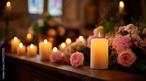 Warm glow of candles and floral arrangements in peaceful church setting, illuminated sanctuary atmosphere, ceremony lighting display, ecclesiastical ambiance creation, defocused interior