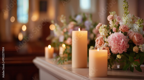 Warm glow of candles and floral arrangements in peaceful church setting, illuminated sanctuary atmosphere, ceremony lighting display, ecclesiastical ambiance creation, defocused interior