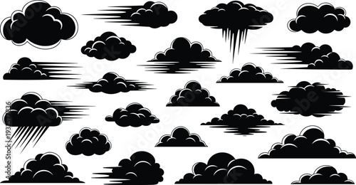 Cloud silhouettes vector illustration, weather icons, rain wind storm design, atmospheric sky concept, climate nature symbol collection - flat vector illustration