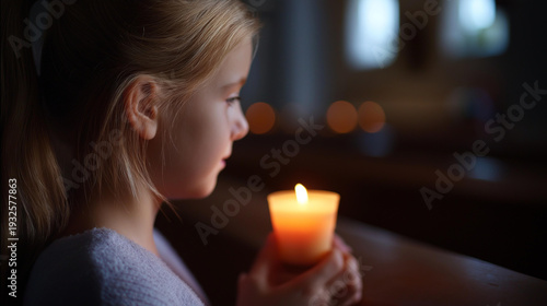 Girl holding lit candle in church interior, child worship participation, youth candlelight service moment, religious observance scene, faceless young participant, defocused sanctuary background,