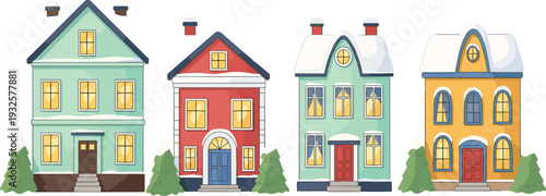 Colorful winter houses illustration, snowy rooftops, festive architecture, diverse designs, cozy homes, seasonal holiday scene – flat vector artwork