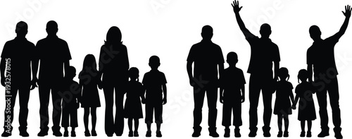 Family silhouettes collection, parents and children, diverse groupings, unity, togetherness, generational bonds, family relationships – flat vector illustration