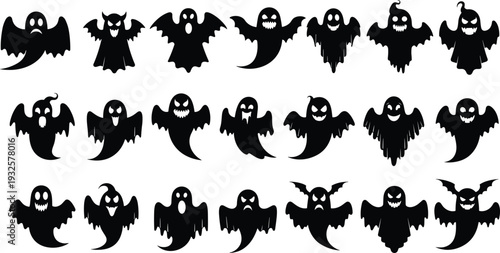 Halloween ghost silhouettes set featuring spooky cartoon spirits with different expressions and poses, black and white vector illustration collection for horror design