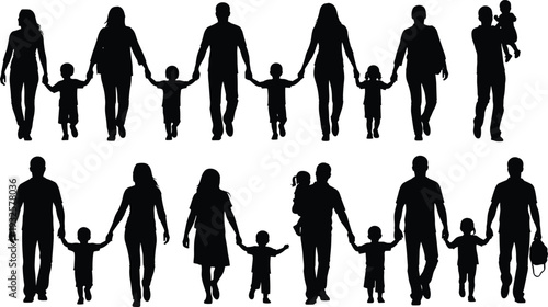 Family silhouettes in vector art, parents with children, diverse family groups walking together, caring lifestyle, love, unity, bonding concept - flat vector illustration