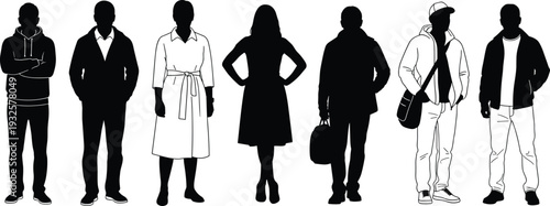 Fashion silhouettes vector illustration, diverse clothing styles icons, hoodie suit dress coat casual outfits, identity design concept, lifestyle people - flat vector illustration