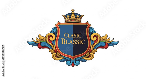 Elegant heraldic crest design with crown and scrollwork, classic emblem.