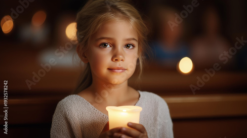Young girl holding candle in serene church ceremony, child participating in worship, youth candlelight service, religious observance moment, faceless young participant, defocused background,