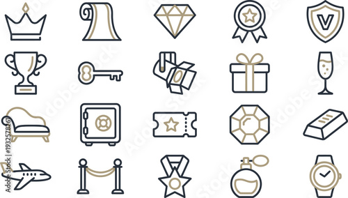 Collection of luxury and achievement icon set featuring awards, wealth, and premium symbols.