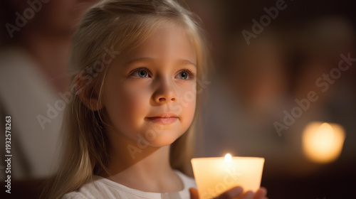 Young girl holding candle in serene church ceremony, child participating in worship, youth candlelight service, religious observance moment, faceless young participant, defocused background,