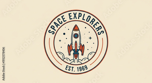 Space Explorers Logo - Vintage Rocket Ship Design with Stars and Clouds.