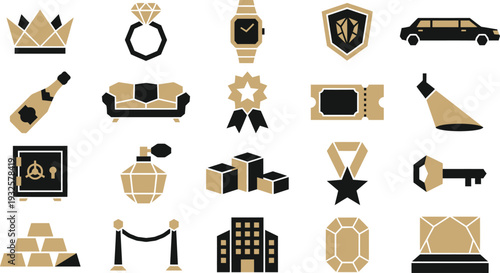 Luxury lifestyle icons representing wealth, success, celebration, and high-end living in a modern design.