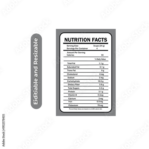 popcorn nutrition facts., nutrition facts label. vector, food information with daily value, data table ingredients calorie, fat, sugar, package template, layout design, nutrition facts