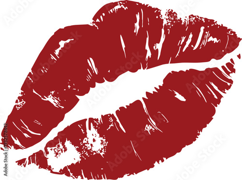 Red lipstick kiss mark isolated on white background for bold romantic branding. High resolution lips imprint with vibrant texture and seductive detail. Ideal for Valentine design needs.