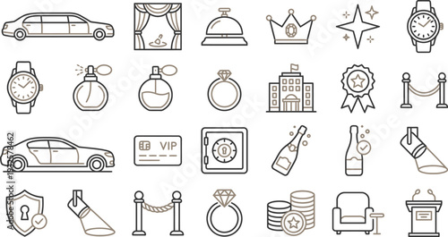 Collection of luxury, exclusive, and premium service icons representing wealth and prestige.