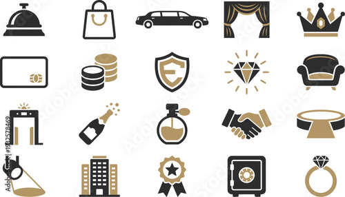 Luxury service and high-end lifestyle icons depicting wealth, security, and premium experiences.