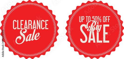 Two red clearance sale stickers on a white background