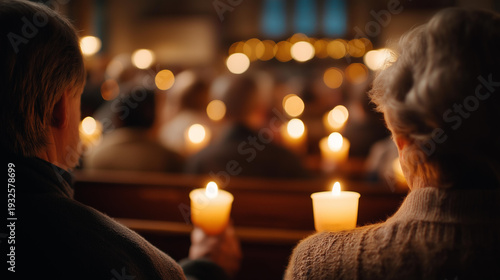 People during traditional Christmas service in dark church with burning candles, holiday worship gathering, festive religious celebration, candlelit liturgy moment, faceless congregation,