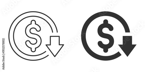 cost reduction icon vector featuring dollar decrease sign, profit decline symbol, and cost saving illustration on transparent background, modern flat design financial crisis concept, business expense 