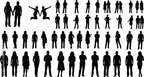 People silhouettes vector illustration, diverse human figures icons, standing jumping holding hands group poses, lifestyle design concept, interaction activity - flat vector illustration