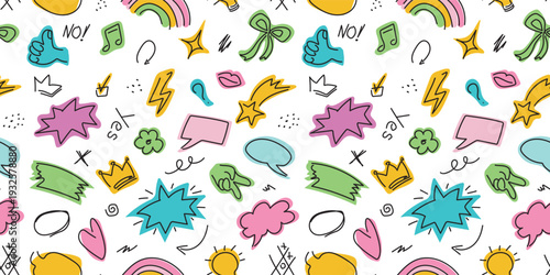 Hand Drawn Colorful Doodle Seamless Pattern on White