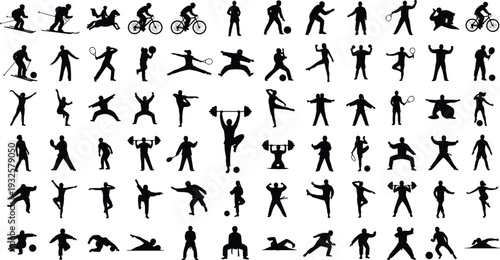 Sports activity silhouettes vector illustration, diverse athletic icons, skiing cycling tennis weightlifting yoga dancing swimming martial arts fitness lifestyle - flat vector illustration