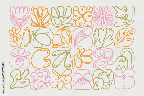 Floral doodle background. Hand drawn outline flowers and leaves banner, creative botanical graphic, decorative design. Organic nature forms. Minimal scribble style pattern. Vector illustration