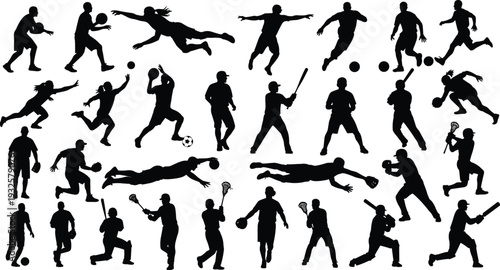 Sports silhouettes collection, athletes in motion, basketball, soccer, baseball, lacrosse, volleyball, dynamic action poses – flat vector illustration