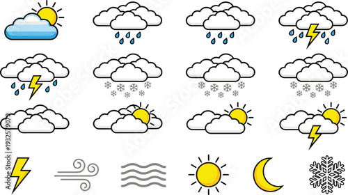 Weather Icon Set Cloud Rain Snow Thunder Sun Moon Wind Vector Collection