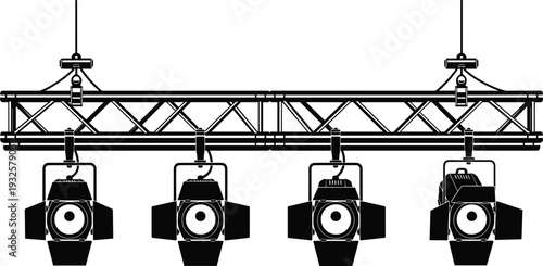 Stage lighting rig silhouettes vector illustration, theater spotlight equipment, concert truss icons, performance illumination, event production design concept - flat vector illustration