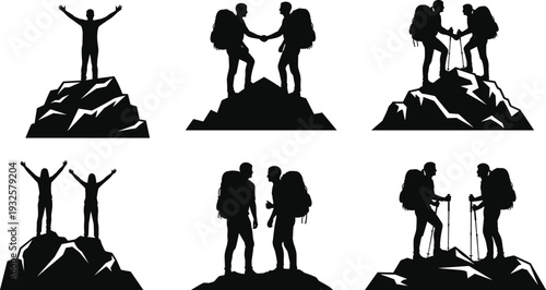 Mountain hikers silhouette set on peak summit, climbing teamwork and success achievement concept vector illustration isolated on white background for outdoor adventure design