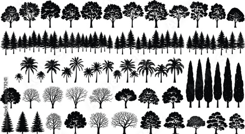 Tree silhouettes vector illustration, diverse forest icons, palm conifer broadleaf cypress shapes, botanical landscape design, nature environment concept - flat vector illustration