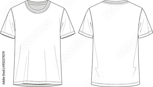 T‑shirt technical flat sketch vector illustration, short sleeve crew neck garment construction details, fashion design apparel specification concept - flat vector illustration