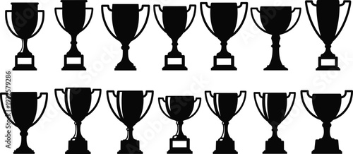Trophy silhouettes collection, achievement icons, victory awards, excellence symbols, competition success, prize cup designs – flat vector illustration