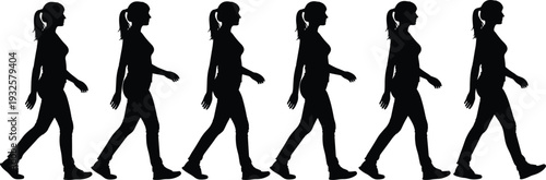 Walking motion silhouettes vector illustration, human gait cycle icons, sequential movement frames, biomechanics study, lifestyle activity concept - flat vector illustration