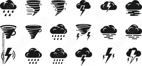 Weather icons collection, clouds, rain, lightning, tornado, fog, storm symbols, meteorology graphics, forecasting design, climate illustration – flat vector set