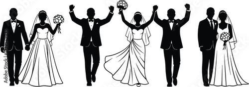 Wedding couple silhouettes collection, bride and groom, tuxedo, gown, bouquet, celebration poses, matrimonial unity – flat vector illustration