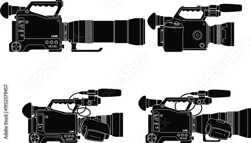 Professional video camera silhouette set with broadcast camcorder in multiple views, filmmaking and media production vector illustration isolated on white background
