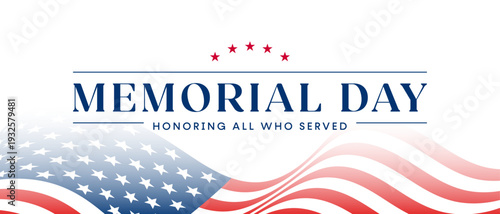 American Memorial Day banner, US flag background, text logo