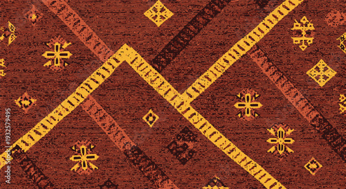 Bright seamless Yakan weaving design from the Philippines showcasing detailed gold and maroon ethnic motifs on a rich fabric backdrop, perfect for cultural artwork, textile creations, and decorative u