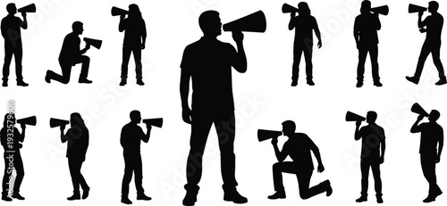 Protester silhouette set with megaphone in different poses, activism and public speaking concept vector illustration isolated on white background for social campaign design