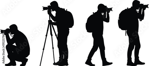 Photographer silhouette set with camera and tripod, professional male taking photos in different poses, isolated black vector illustration on white background