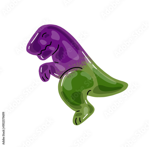 Gummy T Rex. Colourful jelly dino. Gelatin candy with shape of dinosaur. Sour or sweet treat for kids. Fruit marmalade with funny form, chewing confection. Flat isolated vector illustration on white