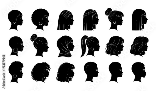 Diverse Female Face Silhouette Vector Set Side Profile Women Head Collection Isolated on White
