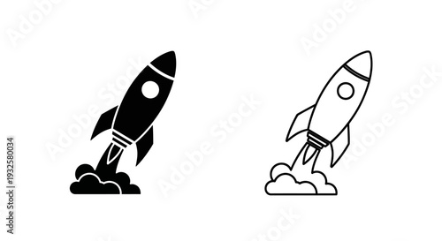 Rocket launch icons, black and white, vector illustrations, business and startup symbols
