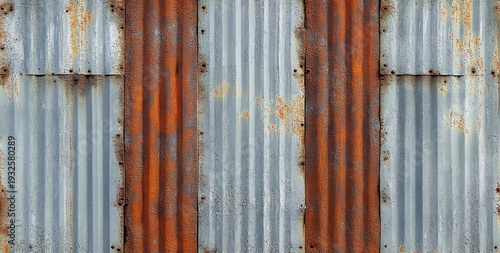 weathered corrugated metal wall with alternating rusted orange and faded gray panels, rivets and textured patina evoking industrial decay and rugged age