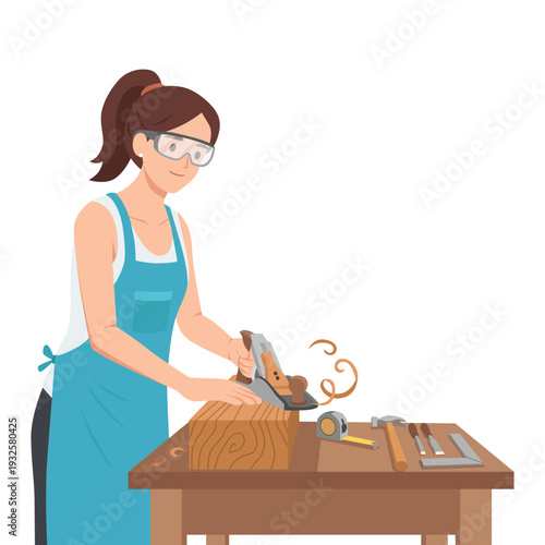 Female Carpenter Working with Hand Plane. Woman in Woodworking Workshop. Flat vector illustration isolated on white background